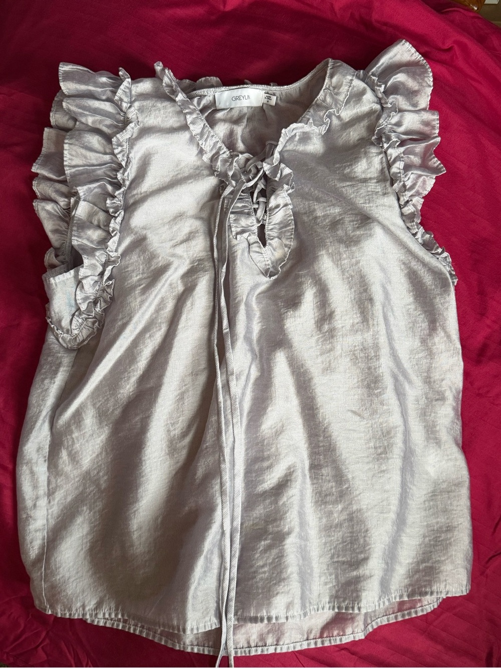 Greylin Silver Ruffle Tie-Front Sleeveless Top